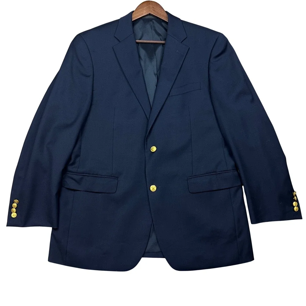 Lauren Ralph Lauren Mens Navy Blue 100% Wool Blazer Gold Crest Button Jacket 41R